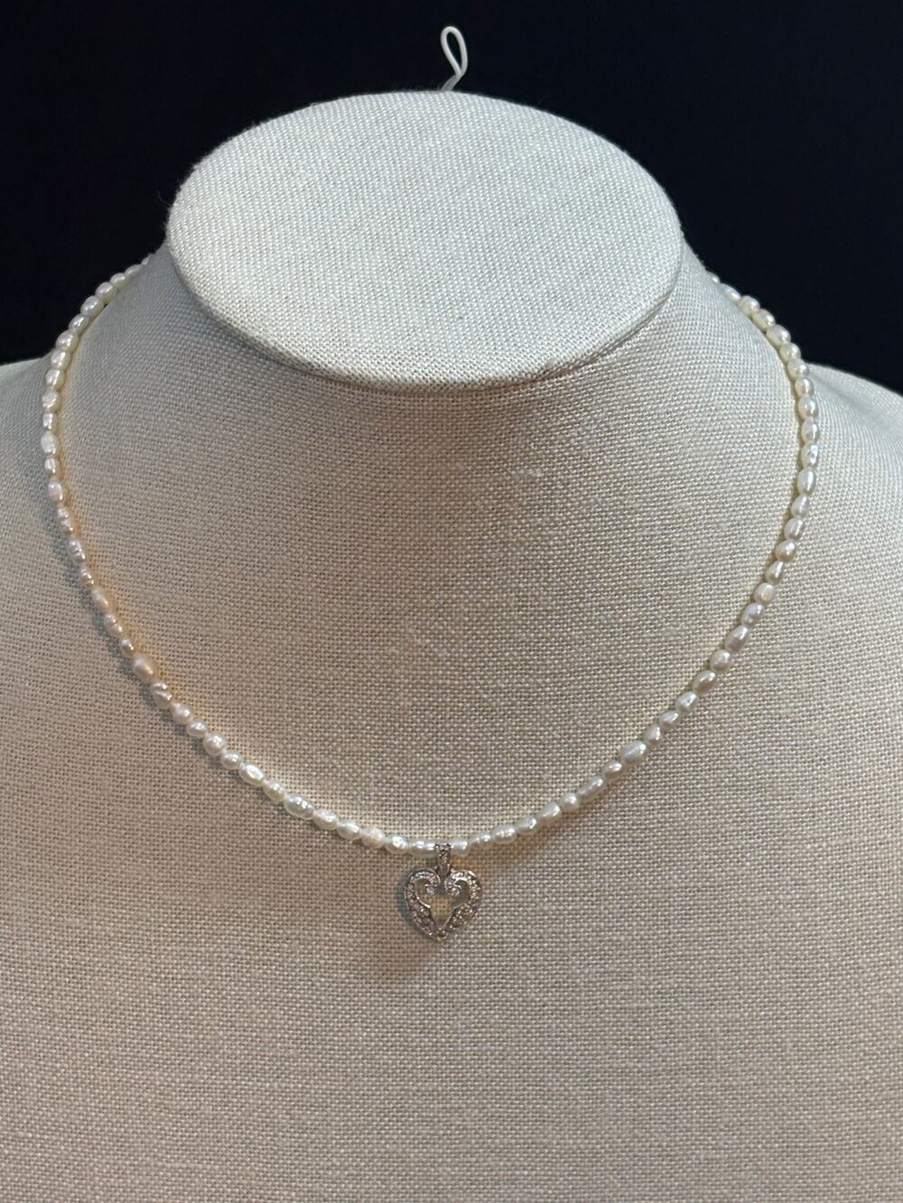 Vintage Napier Faux Pearl Necklace Heart Rhinestone Pendant 16“ $48